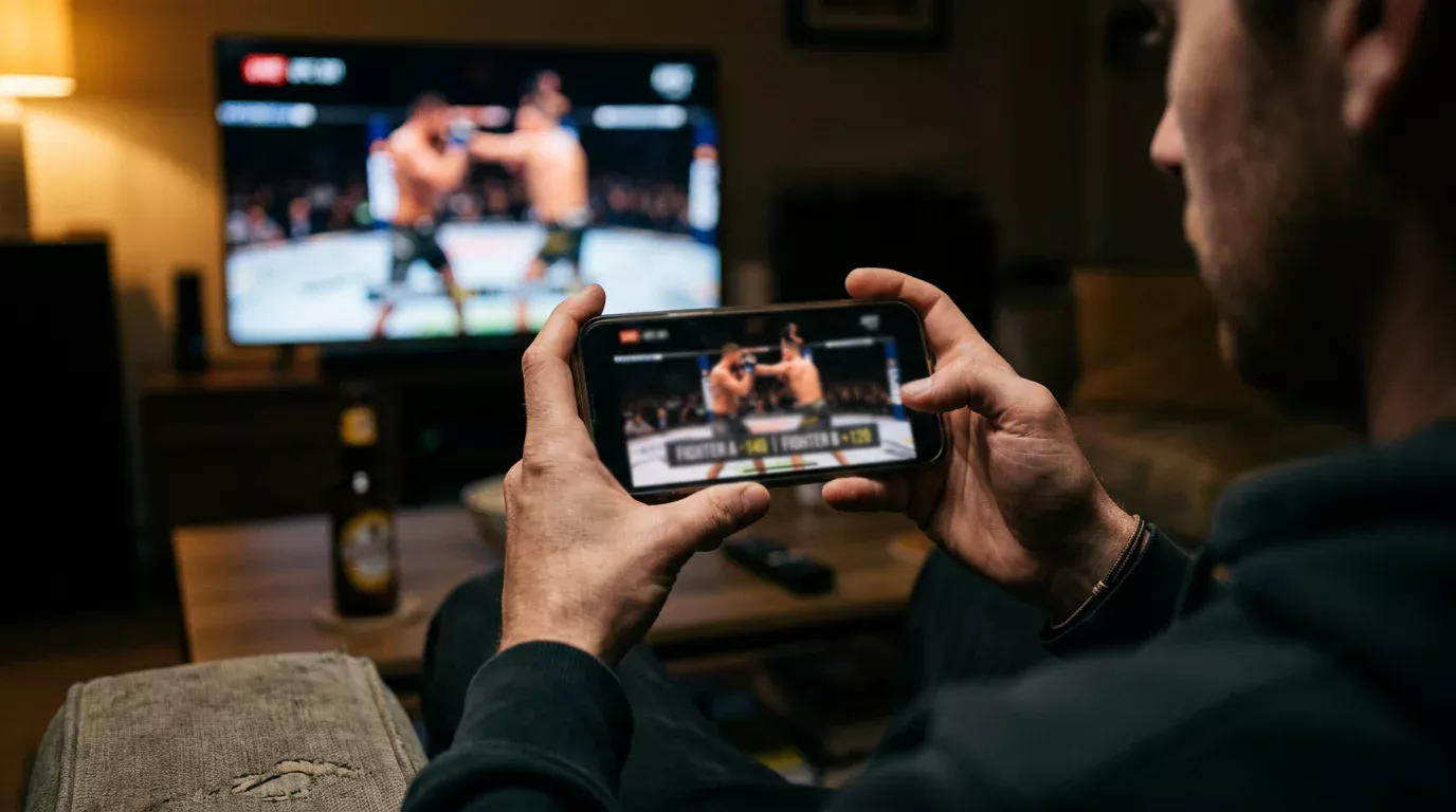 Smartphone displaying a live UFC fight stream alongside real-time MMA betting odds