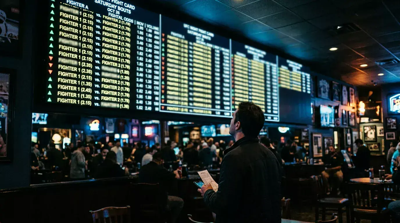 Close-up of a sportsbook odds board showing sharp line movement on an MMA fight